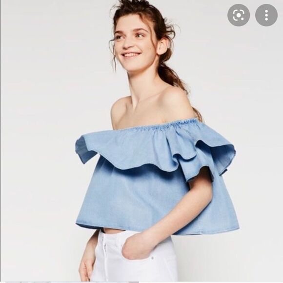 Zara Premium Denim Crop Off Shoulder Ruffle Top - Picture 2 of 6